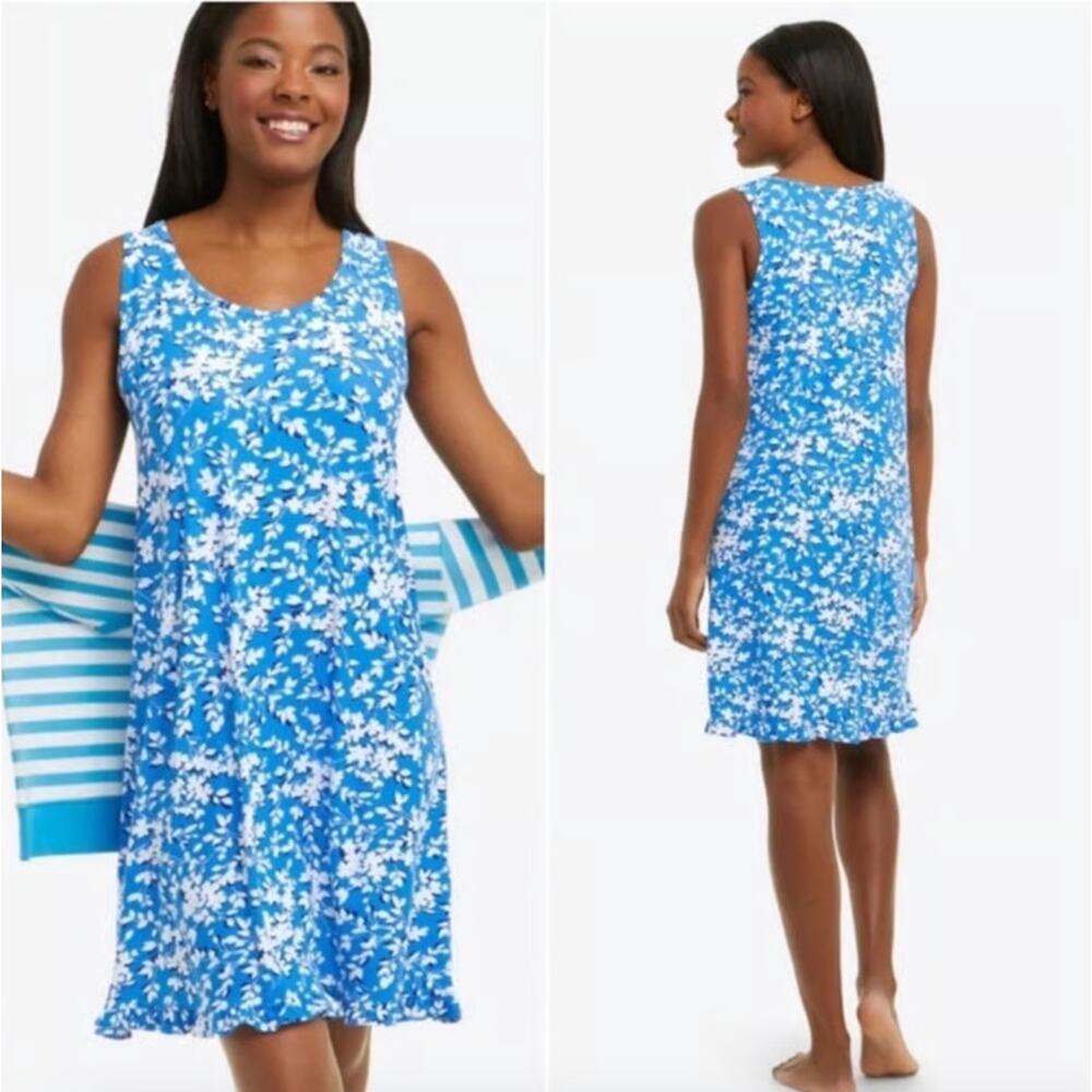 Draper James Blue Floral Ruffle Knit Nightgown Dress Sleep Shirt S M